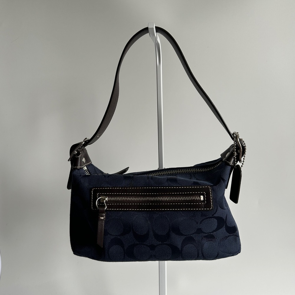 Coach Demi Bag Navy Blue Signature Canvas Leather Shoulder Bag Excellent